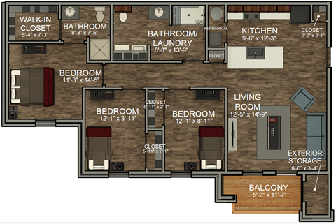 Floor plan for 3 beds, 2 baths, 1316 sqft
